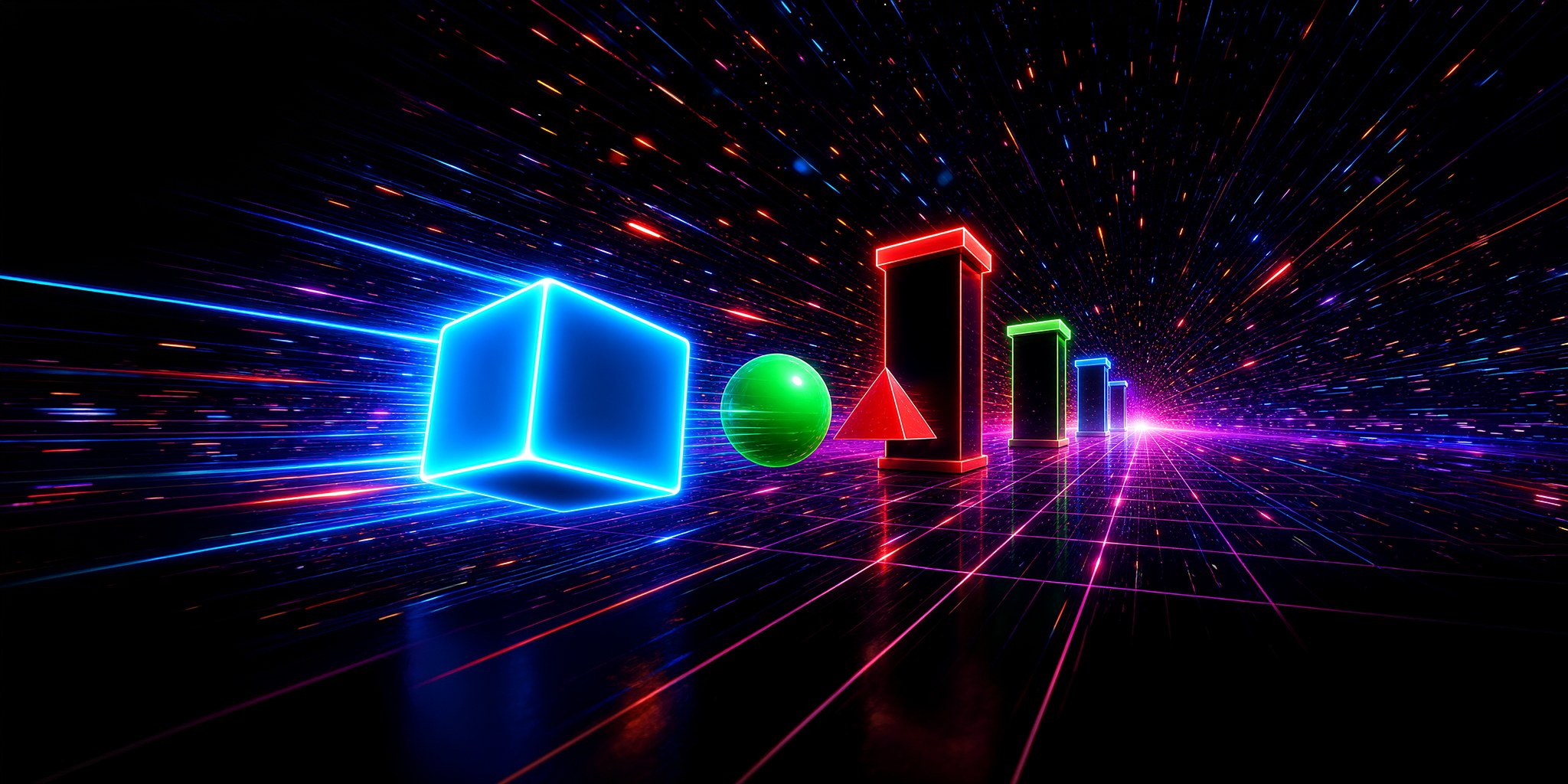 Neon-Tunnel aus leuchtenden RGB-Toren: Würfel, Kugel und Pyramide im Anflug
