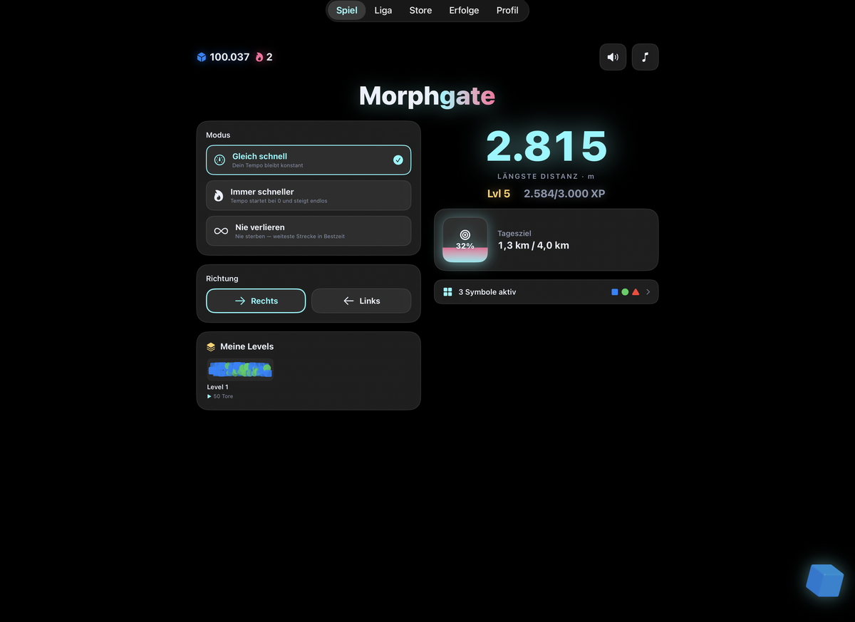Startbildschirm: Modus- und Richtungswahl, längste Distanz, Level, Tagesziel und eigene Levels