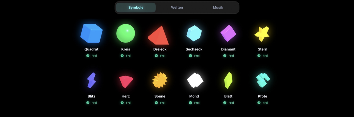 Zwölf leuchtende Spielsymbole von Quadrat bis Pfote im Store